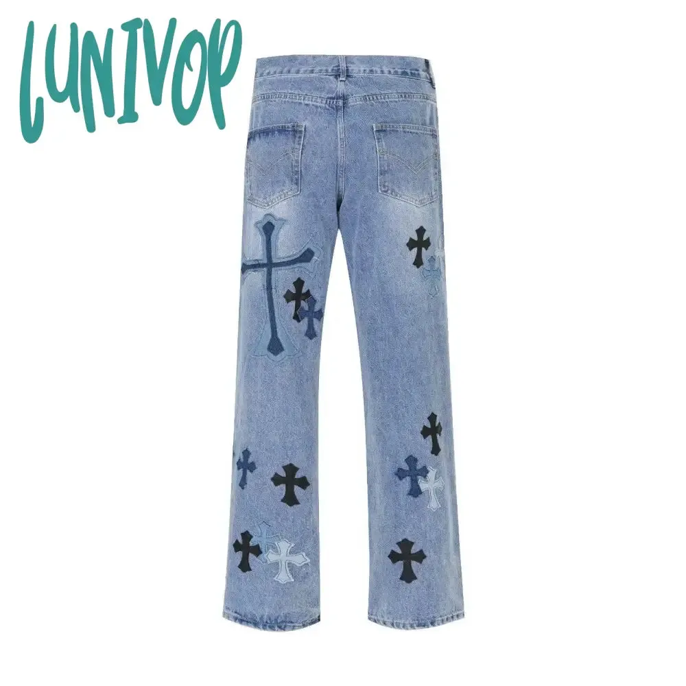 Lunivop 90s streetwear American High Street Original Patch Cross Embroidered Jeans Men's and Women's National Fashion All-Match Slim Slimming Long Pants Fashion