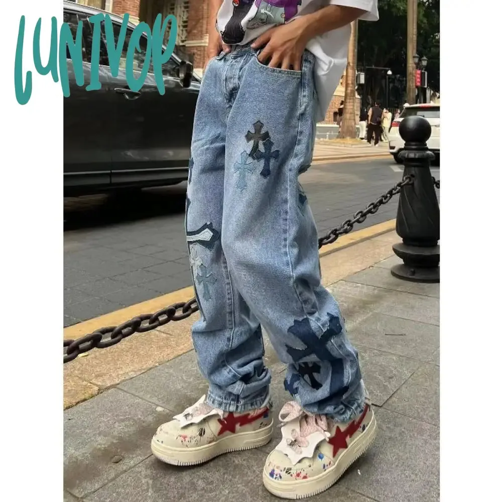 Lunivop 90s streetwear American High Street Original Patch Cross Embroidered Jeans Men's and Women's National Fashion All-Match Slim Slimming Long Pants Fashion