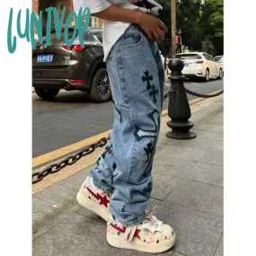 Lunivop 90s streetwear American High Street Original Patch Cross Embroidered Jeans Men's and Women's National Fashion All-Match Slim Slimming Long Pants Fashion