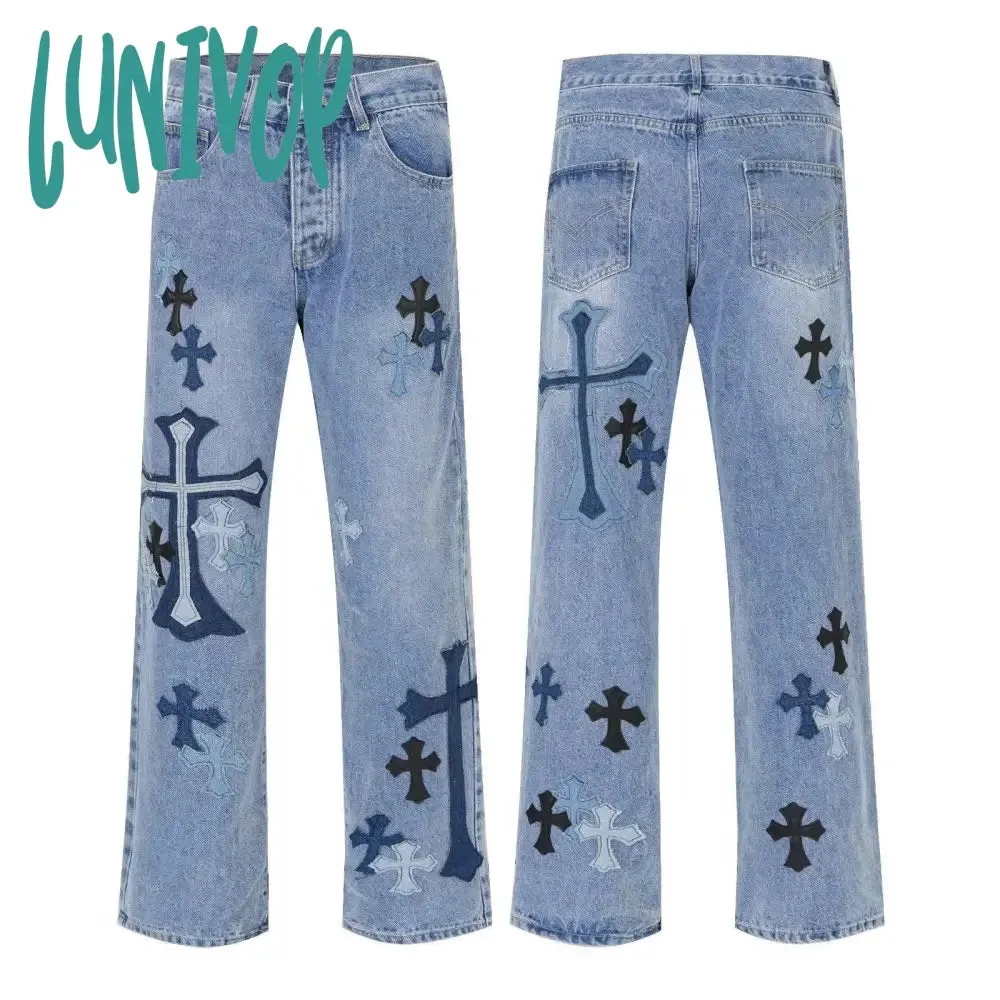 Lunivop 90s streetwear American High Street Original Patch Cross Embroidered Jeans Men's and Women's National Fashion All-Match Slim Slimming Long Pants Fashion