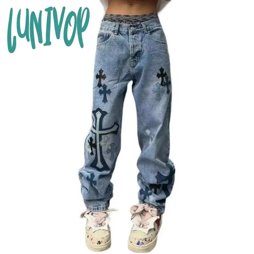 Lunivop 90s streetwear American High Street Original Patch Cross Embroidered Jeans Men's and Women's National Fashion All-Match Slim Slimming Long Pants Fashion