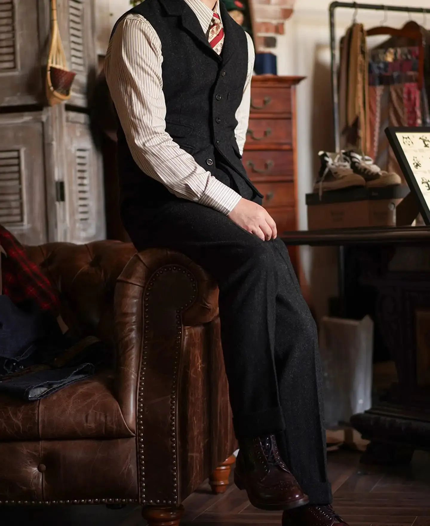 Men's Tweed Pants High Waist Straight Business Style