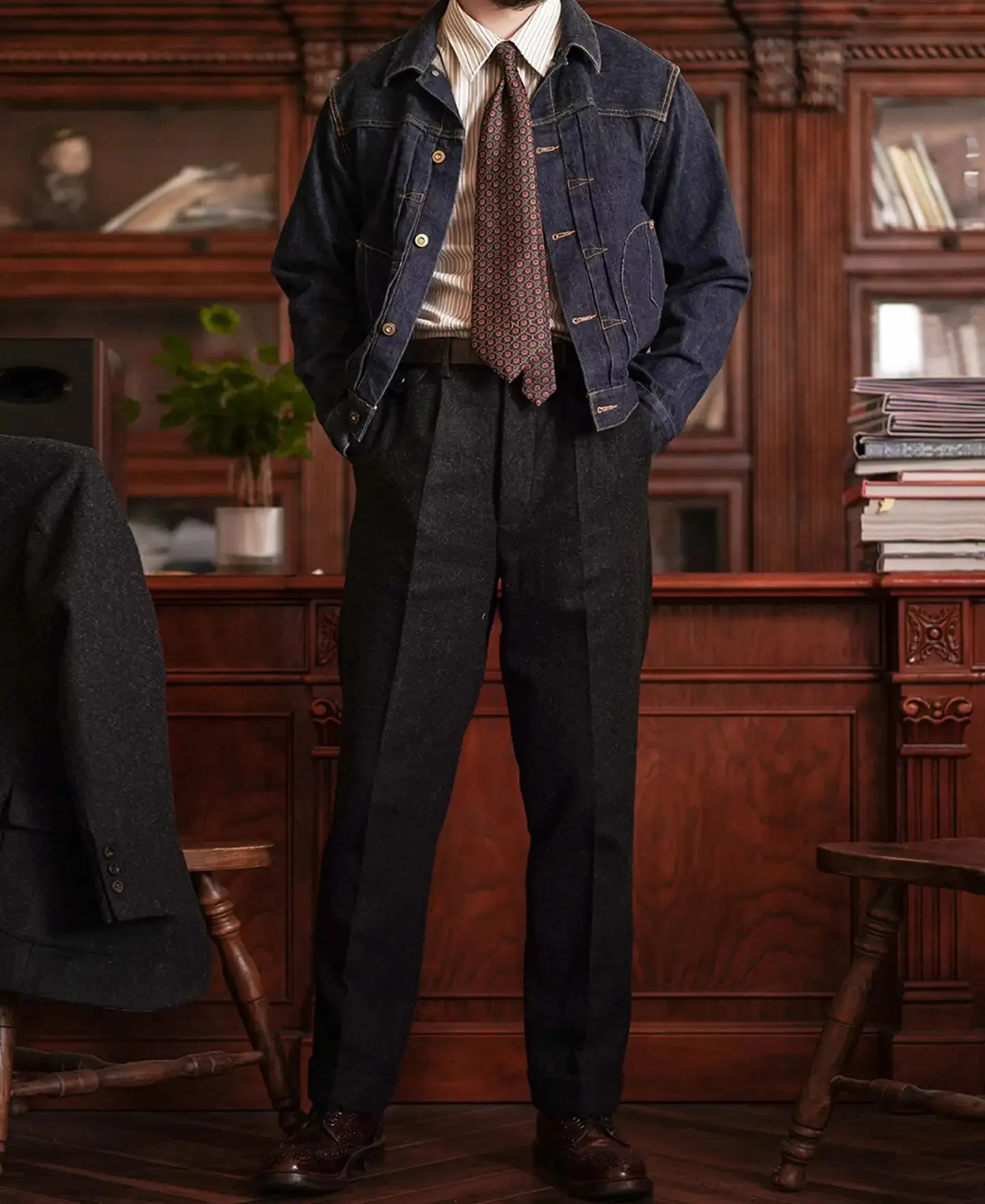 Men's Tweed Pants High Waist Straight Business Style