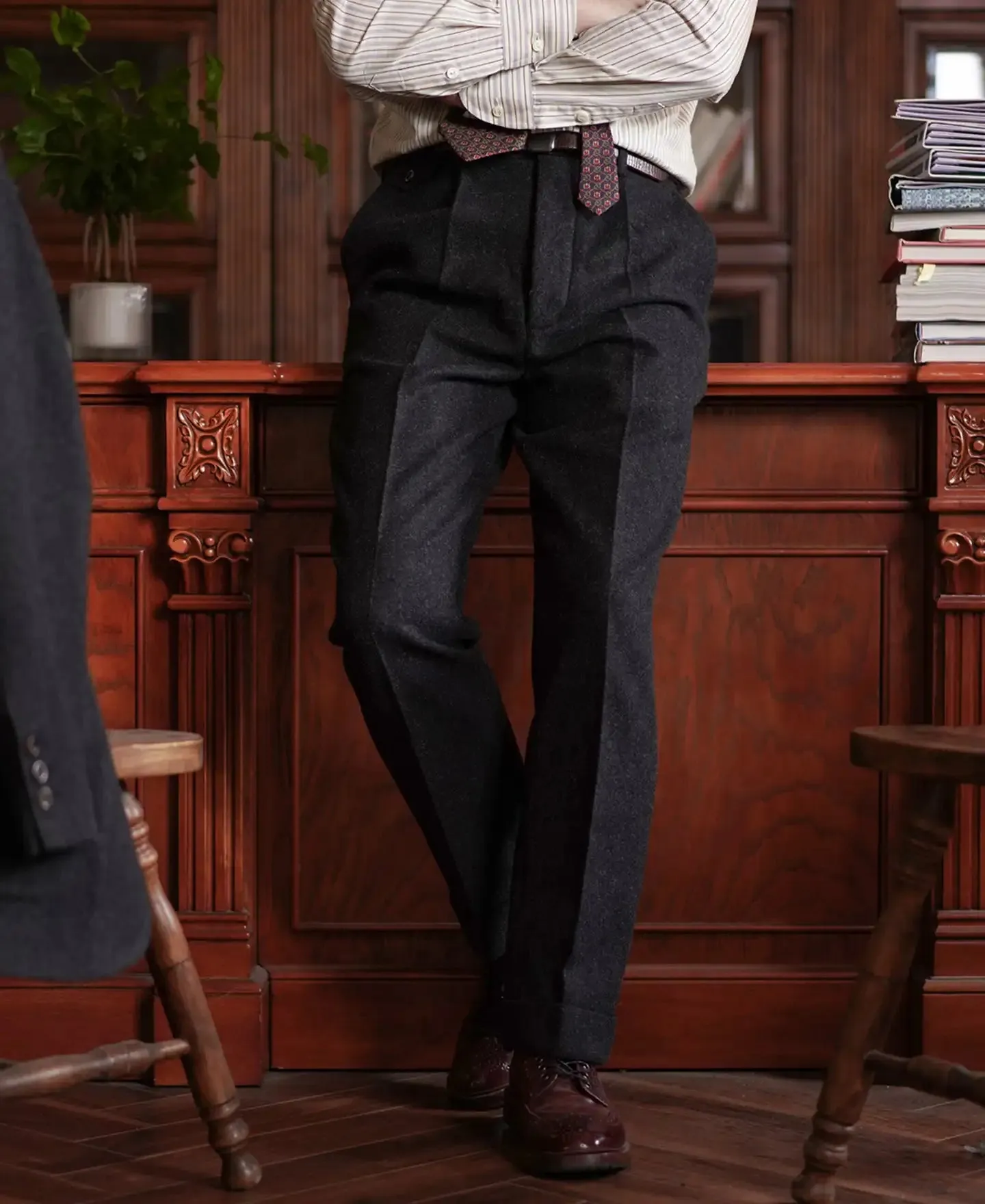 Men's Tweed Pants High Waist Straight Business Style