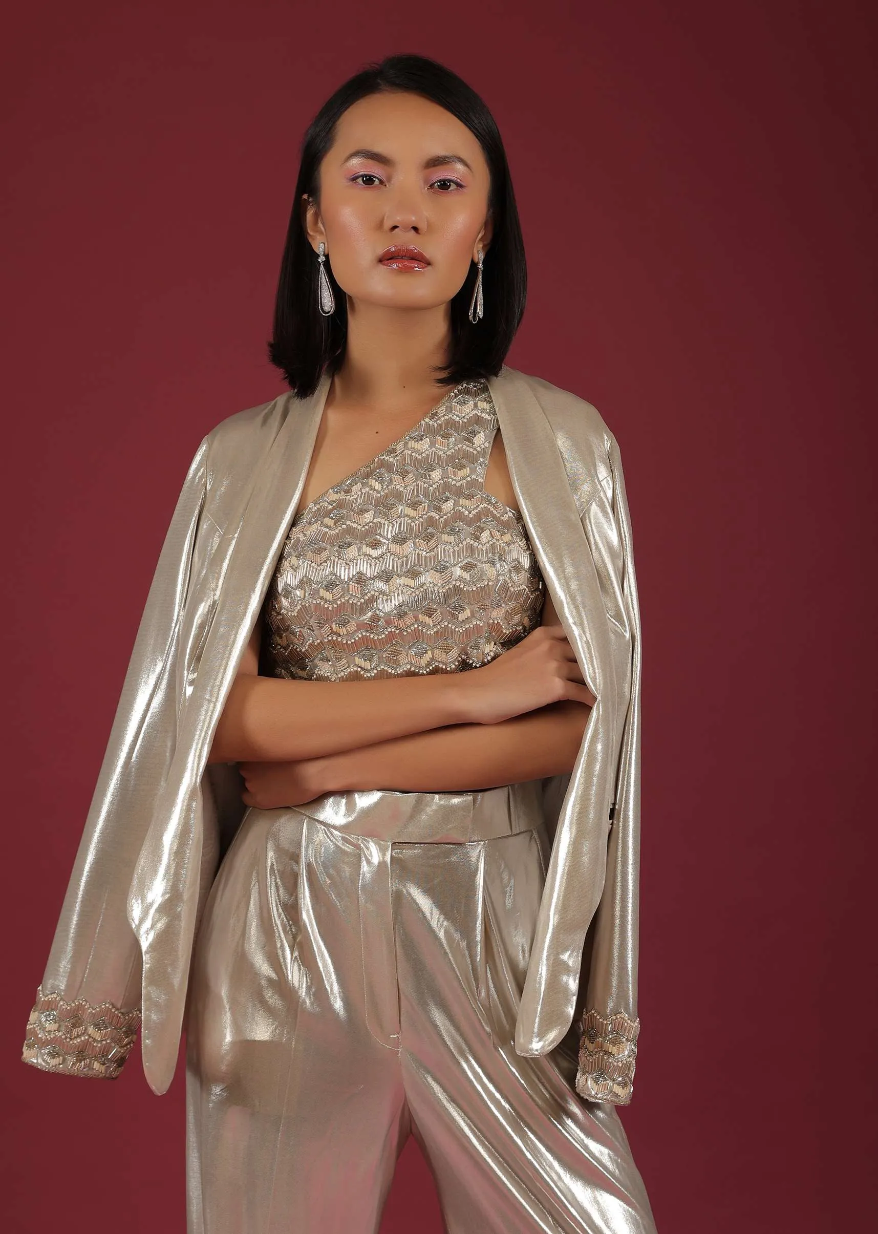 Metallic Oyster Silver Shimmer Straight Pants And A Crop Top Set In Cut Dana Embroidery, Crop Top In Cut Dana Embroidery