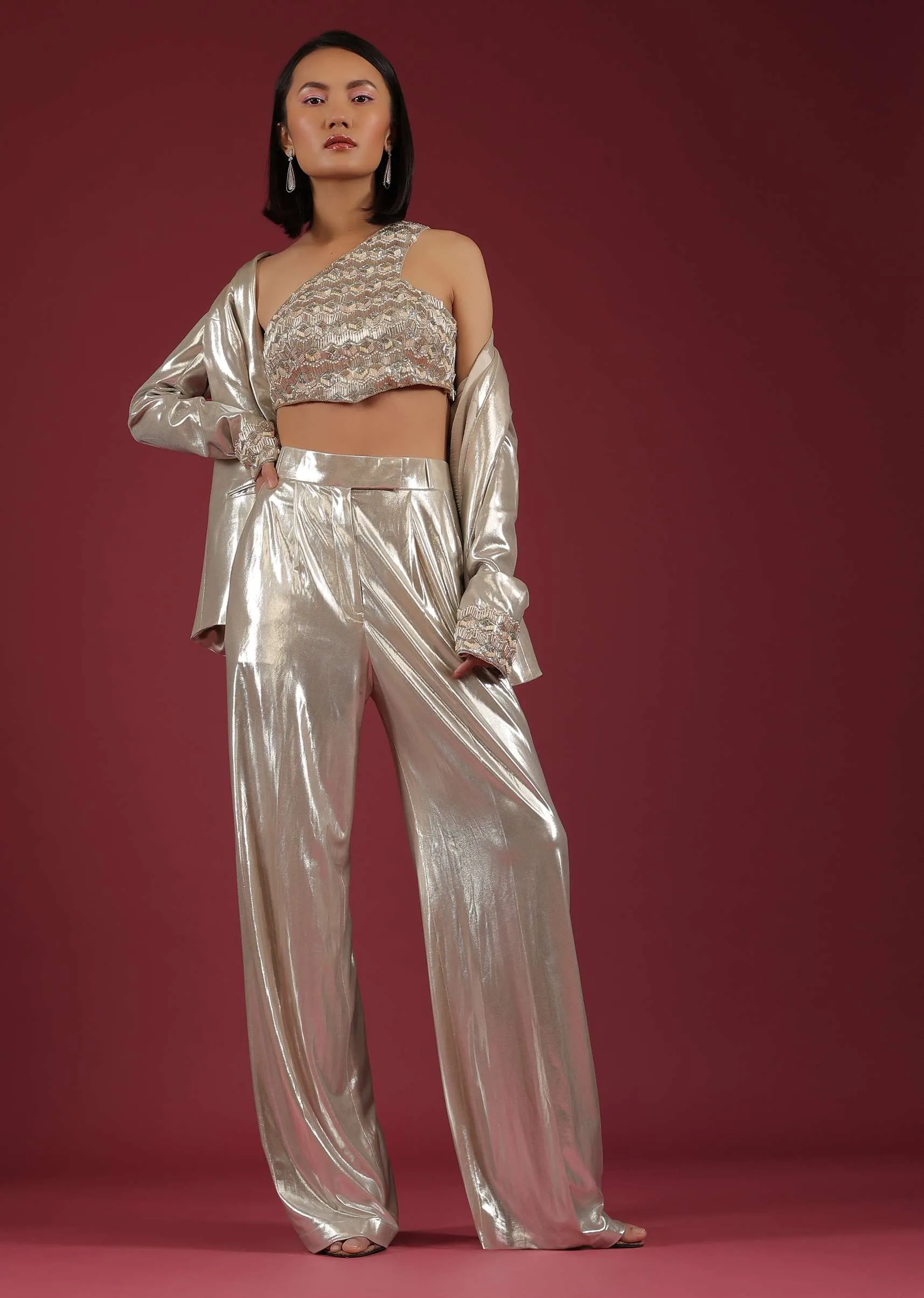 Metallic Oyster Silver Shimmer Straight Pants And A Crop Top Set In Cut Dana Embroidery, Crop Top In Cut Dana Embroidery
