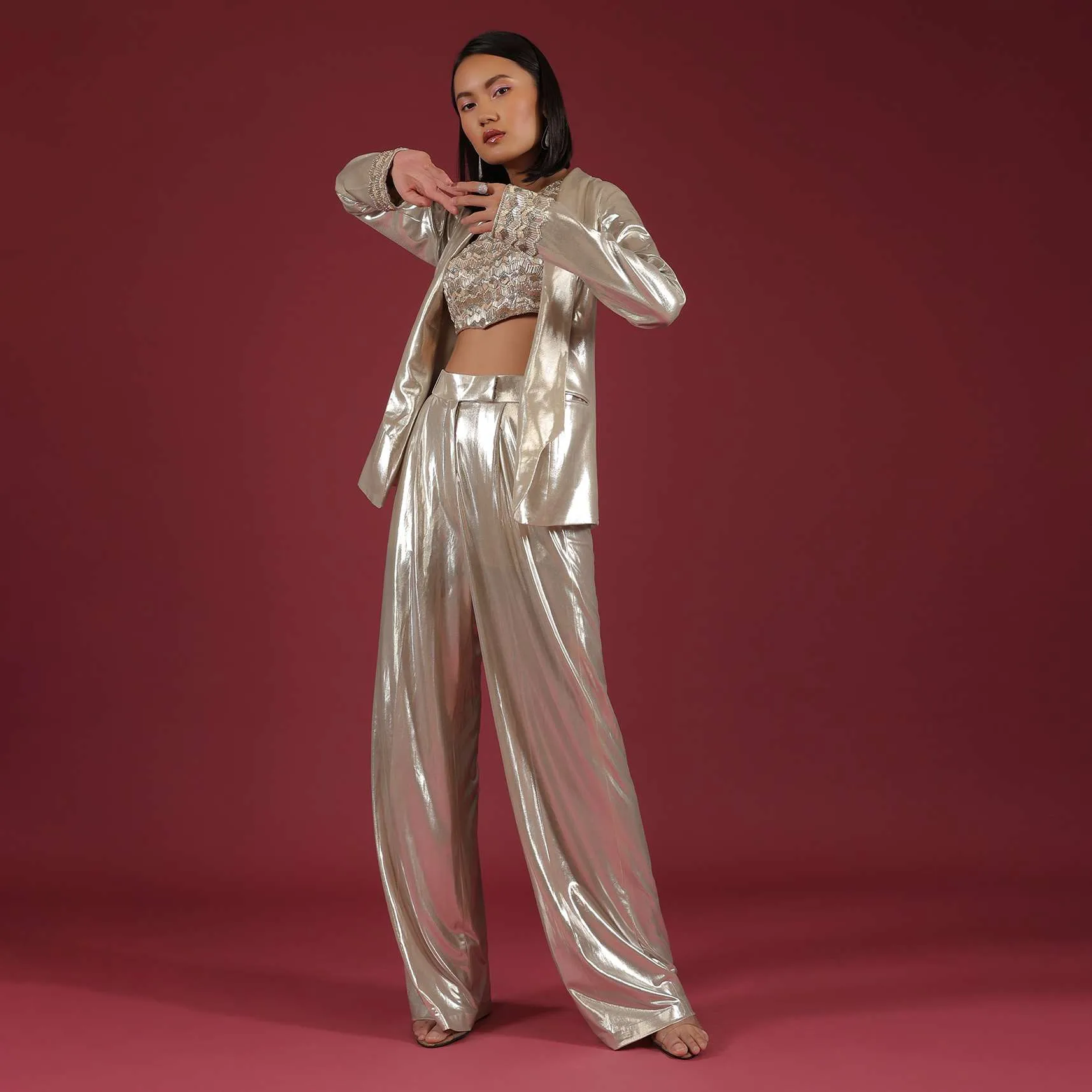 Metallic Oyster Silver Shimmer Straight Pants And A Crop Top Set In Cut Dana Embroidery, Crop Top In Cut Dana Embroidery