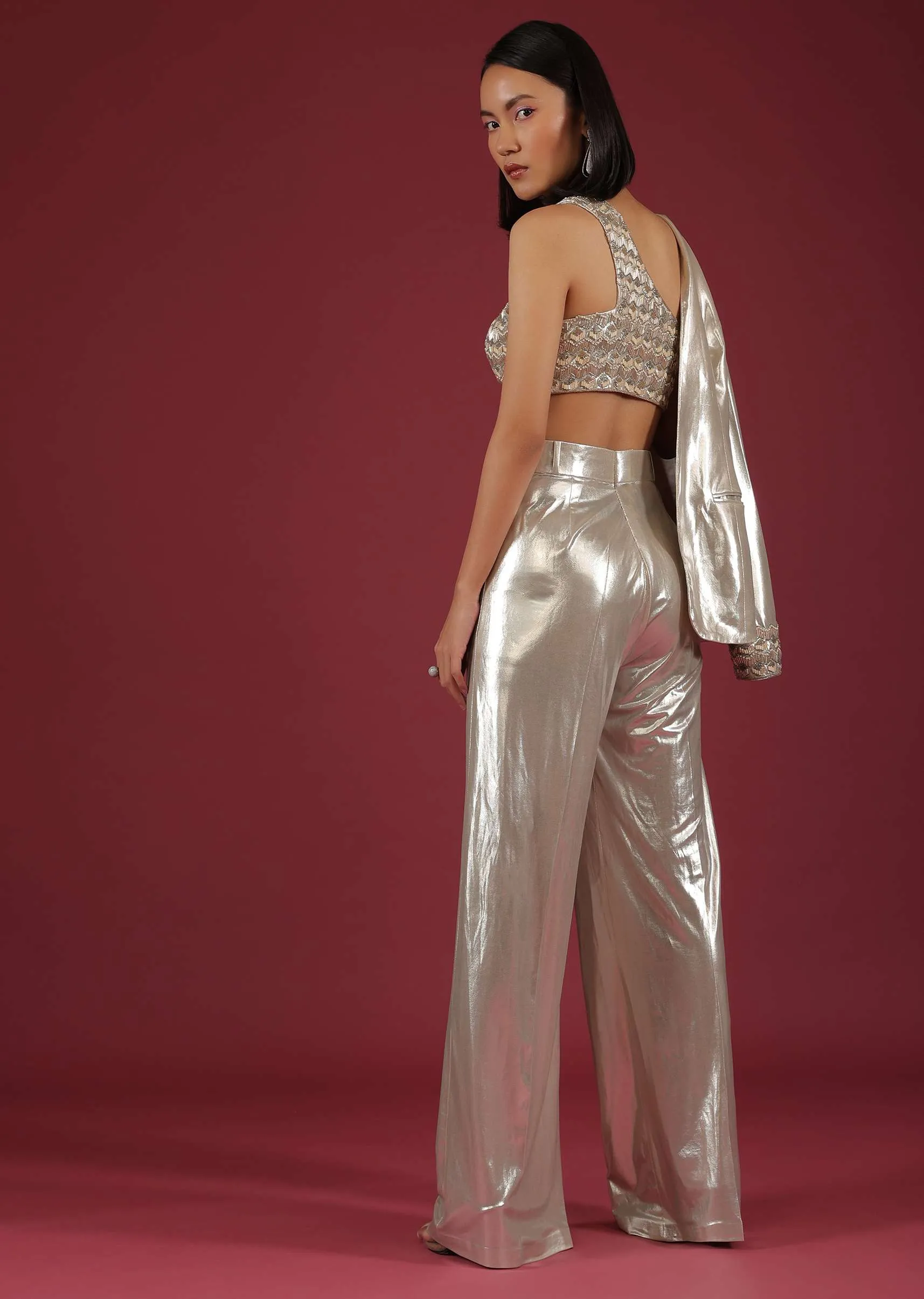 Metallic Oyster Silver Shimmer Straight Pants And A Crop Top Set In Cut Dana Embroidery, Crop Top In Cut Dana Embroidery