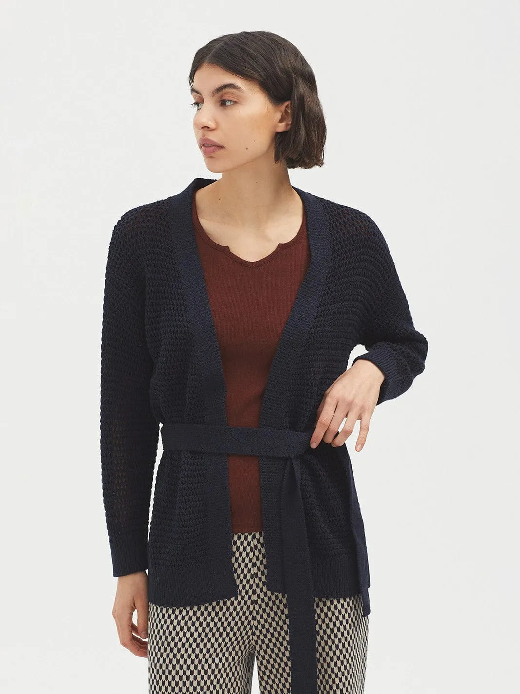 Nice Things Open Jacket With Belt Navy