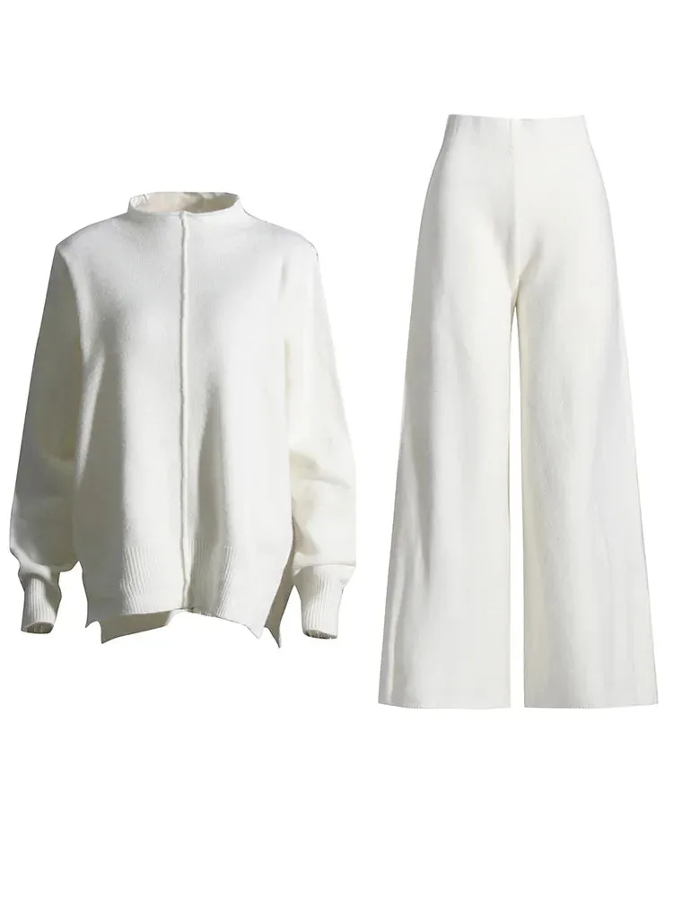 Pre Order:  Solid Knitted Long Sleeve Top   High Waist Straight Pants