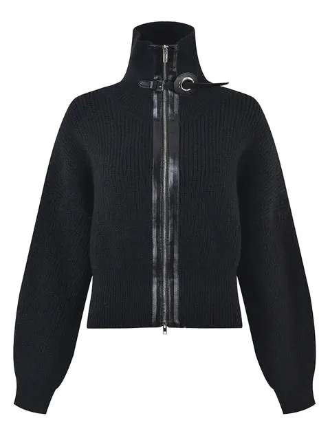 Pre Order:  Solid Patchwork Turtleneck Knitted Cardigan