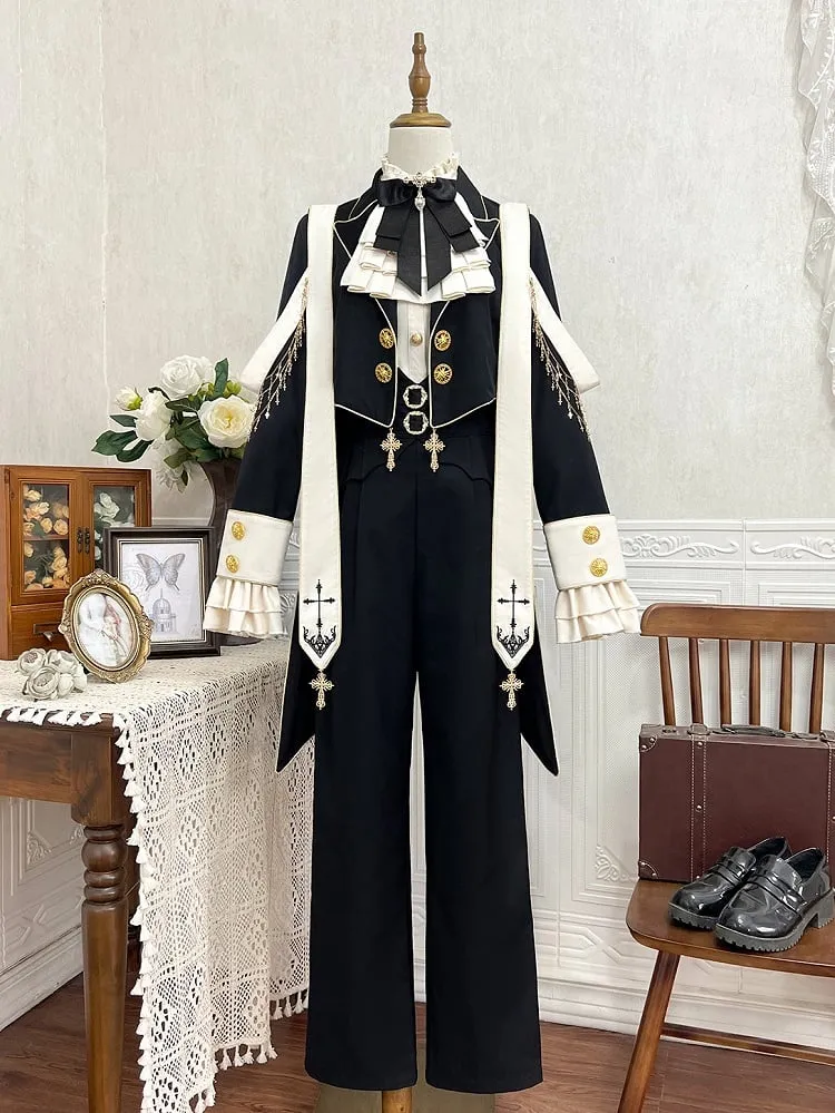 Prince Style Ouji Lolita Full Set Long Sleeves Shirt   Blazer Collar Coat   High Waist Pants