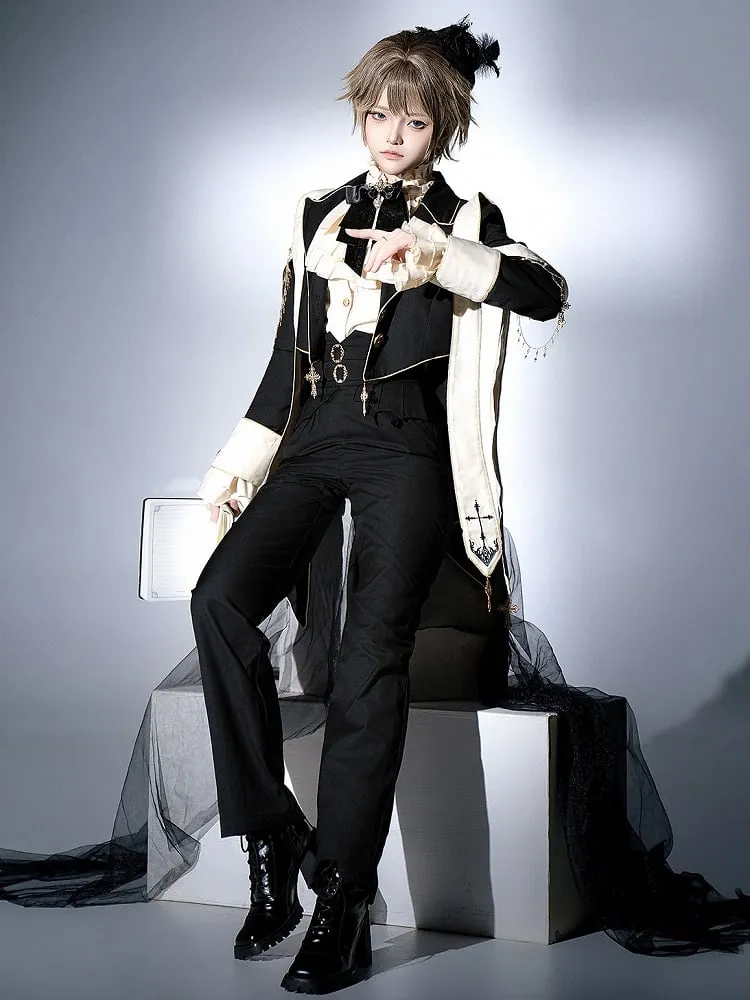 Prince Style Ouji Lolita Full Set Long Sleeves Shirt   Blazer Collar Coat   High Waist Pants