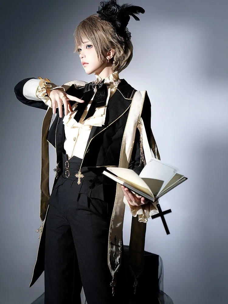 Prince Style Ouji Lolita Full Set Long Sleeves Shirt   Blazer Collar Coat   High Waist Pants