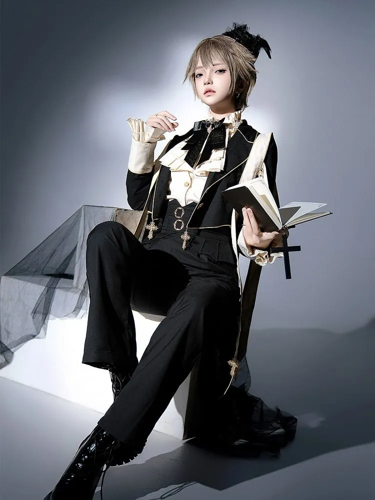 Prince Style Ouji Lolita Full Set Long Sleeves Shirt   Blazer Collar Coat   High Waist Pants