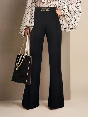 realaiot  Solid Flare Leg Pants, Casual High Waist Pants For Spring & Fall, Women's Clothing