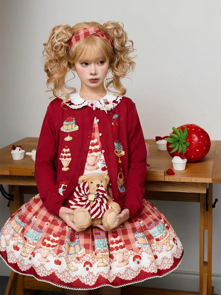 Red Long Sleeves Dessert Print Cardigan