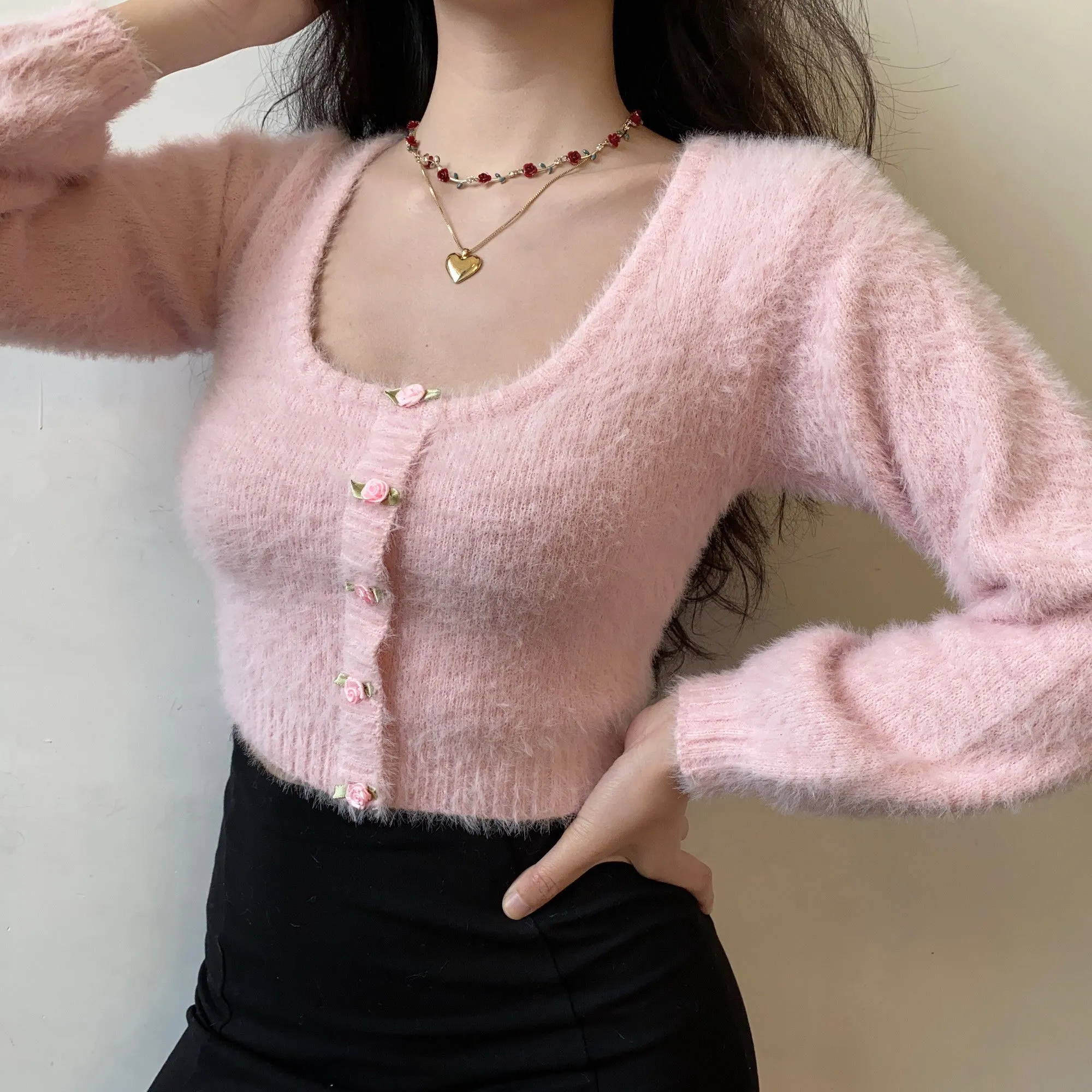 Rose Flower Button High Waist U Neck Plush Pink Sweater Cardigan