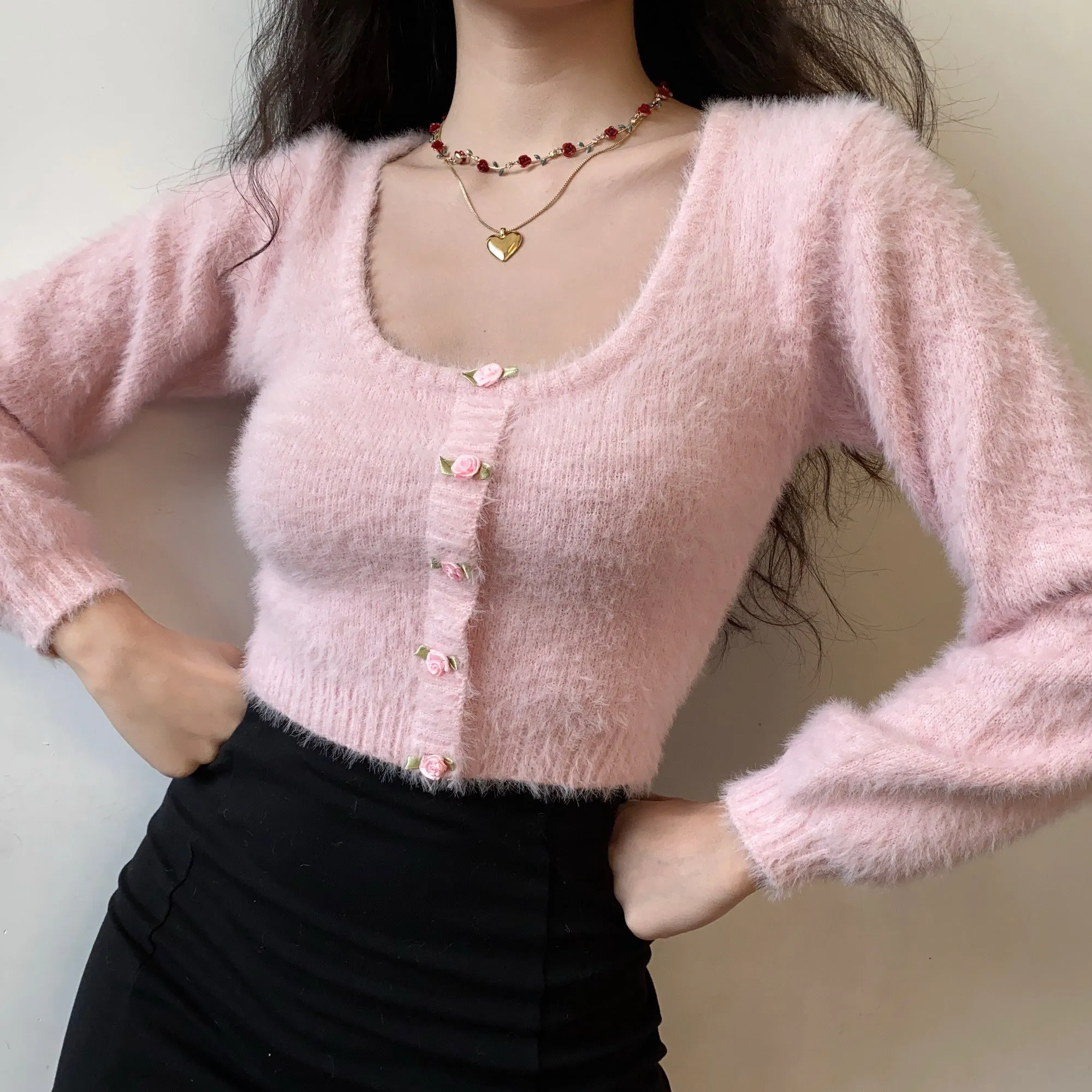 Rose Flower Button High Waist U Neck Plush Pink Sweater Cardigan
