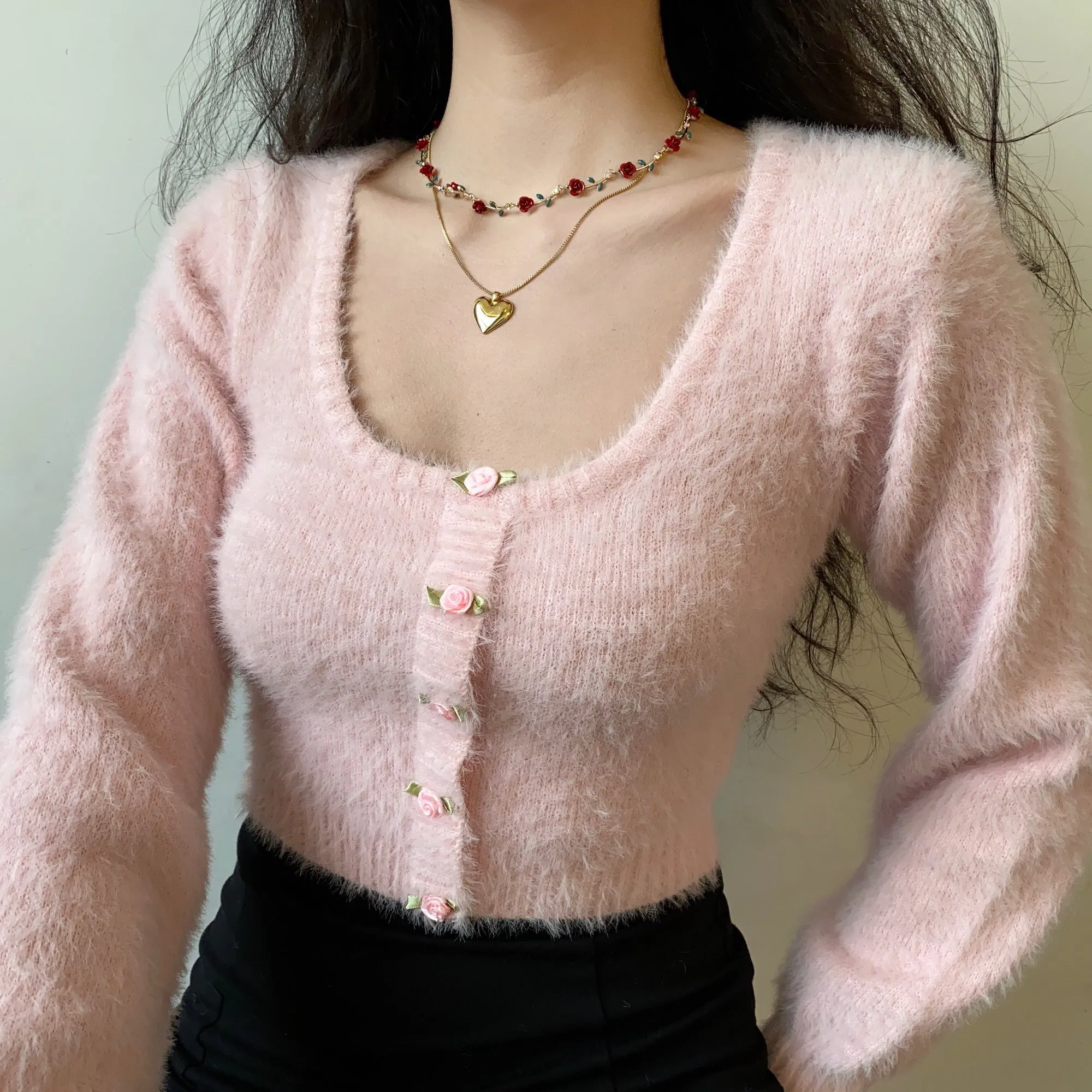 Rose Flower Button High Waist U Neck Plush Pink Sweater Cardigan