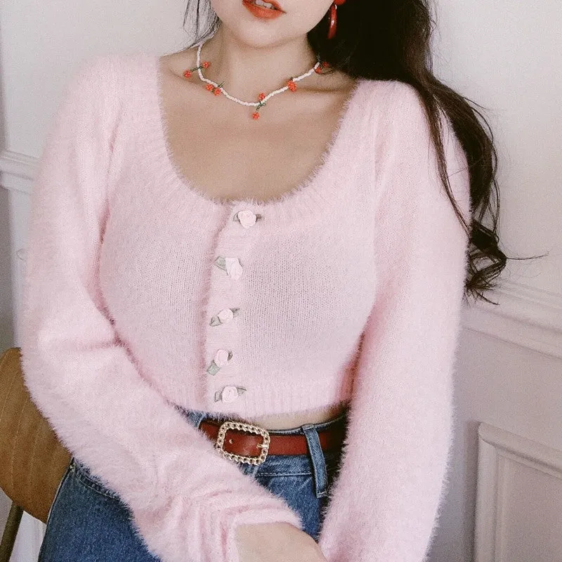 Rose Flower Button High Waist U Neck Plush Pink Sweater Cardigan