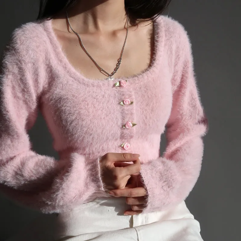 Rose Flower Button High Waist U Neck Plush Pink Sweater Cardigan