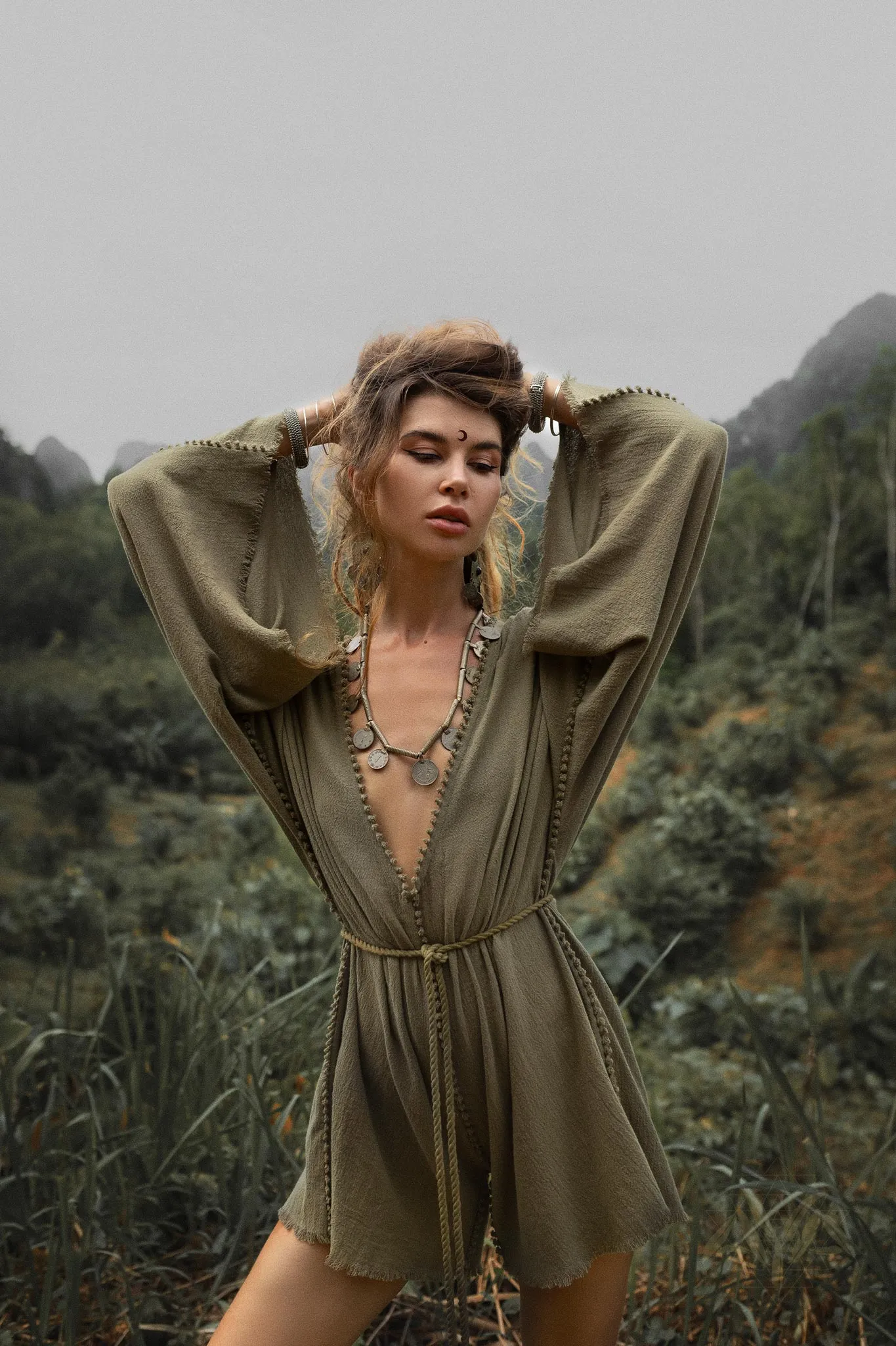 Sage Green Hand Knotted Jumpsuit • Mini Organic Jumpsuit • Romper Dress