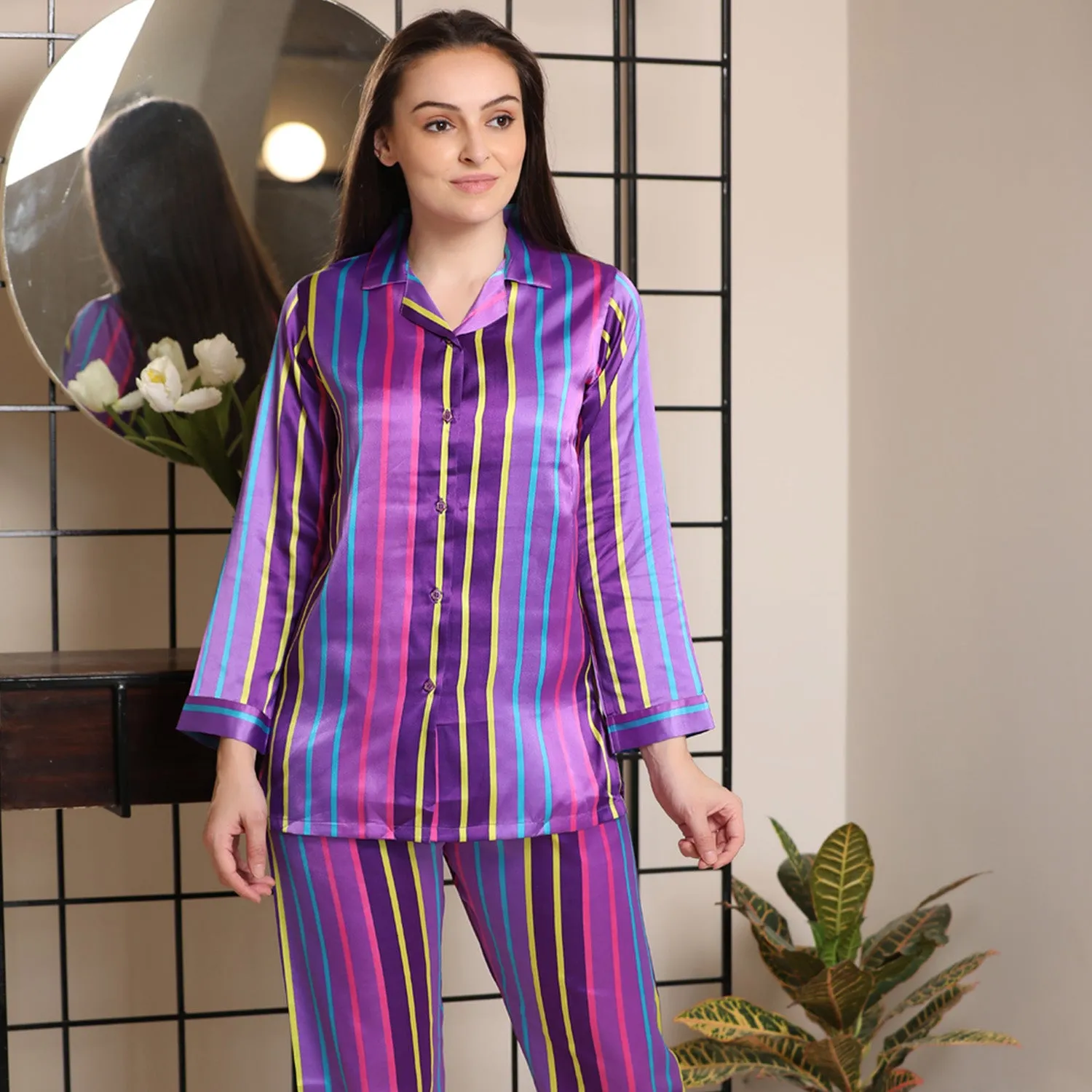 Satin Stripe classic collar Night suit