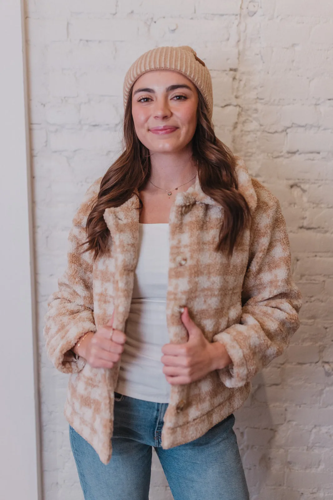 Snuggle Weather Beige Houndstooth Sherpa Jacket