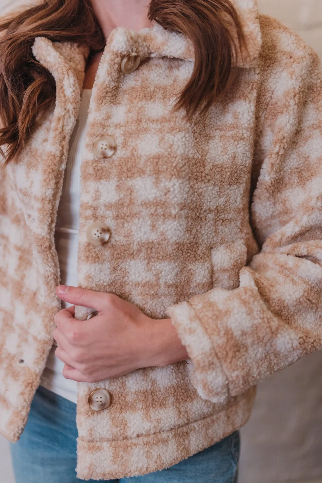 Snuggle Weather Beige Houndstooth Sherpa Jacket
