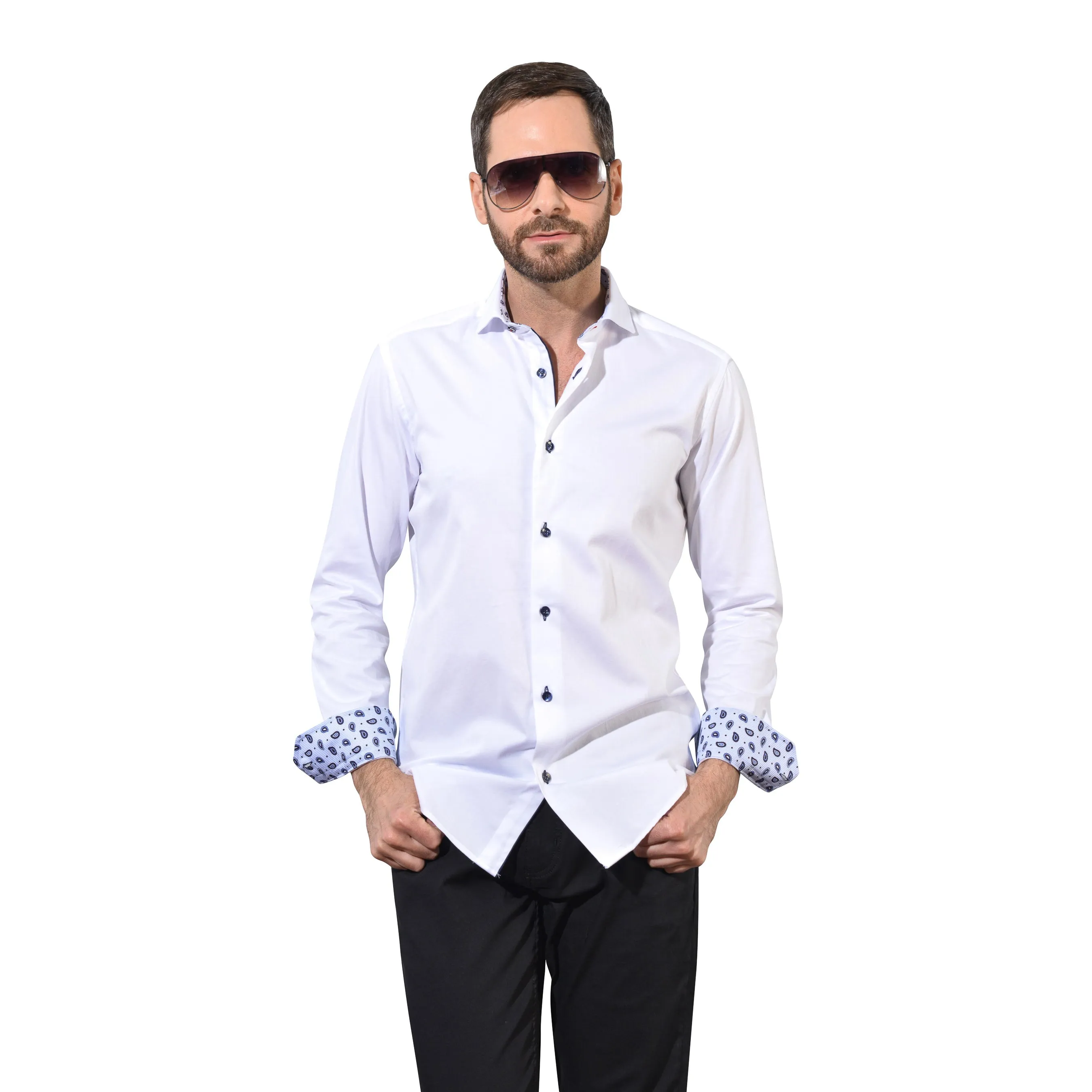Solid White with Navy Button LS