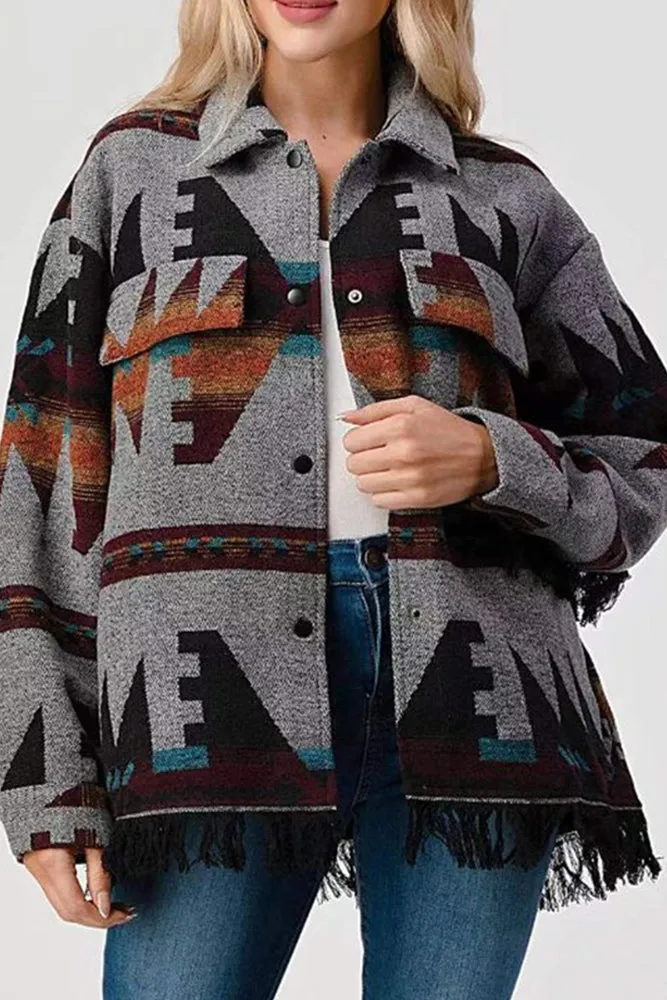 Tassel Hem Aztec Pockets Open Button Shackets