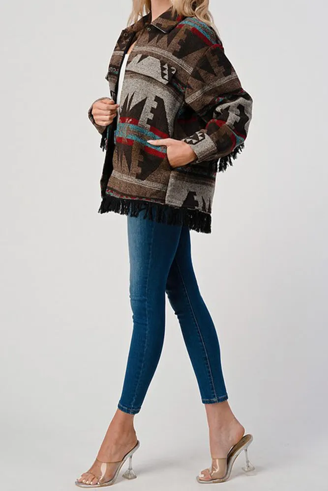 Tassel Hem Aztec Pockets Open Button Shackets