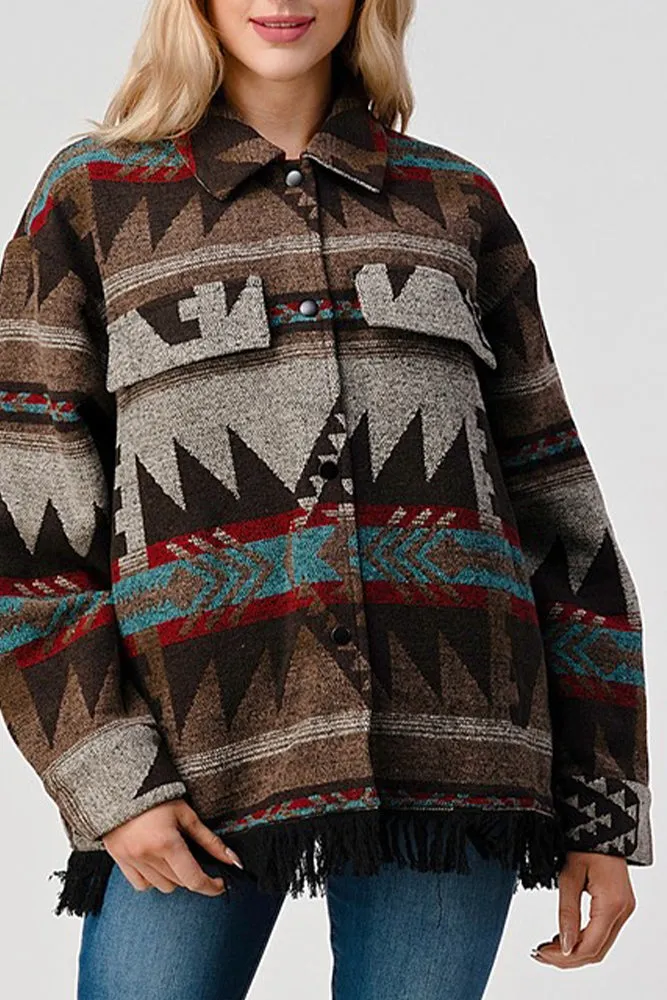 Tassel Hem Aztec Pockets Open Button Shackets
