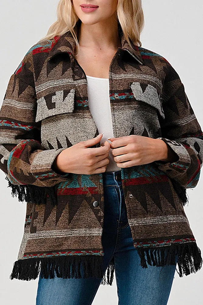 Tassel Hem Aztec Pockets Open Button Shackets