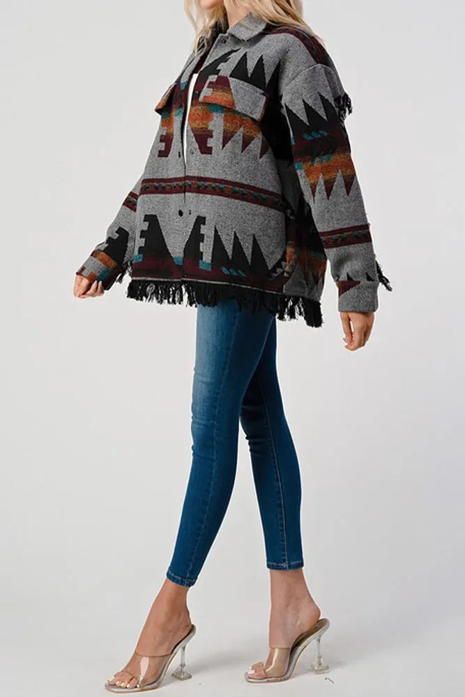 Tassel Hem Aztec Pockets Open Button Shackets
