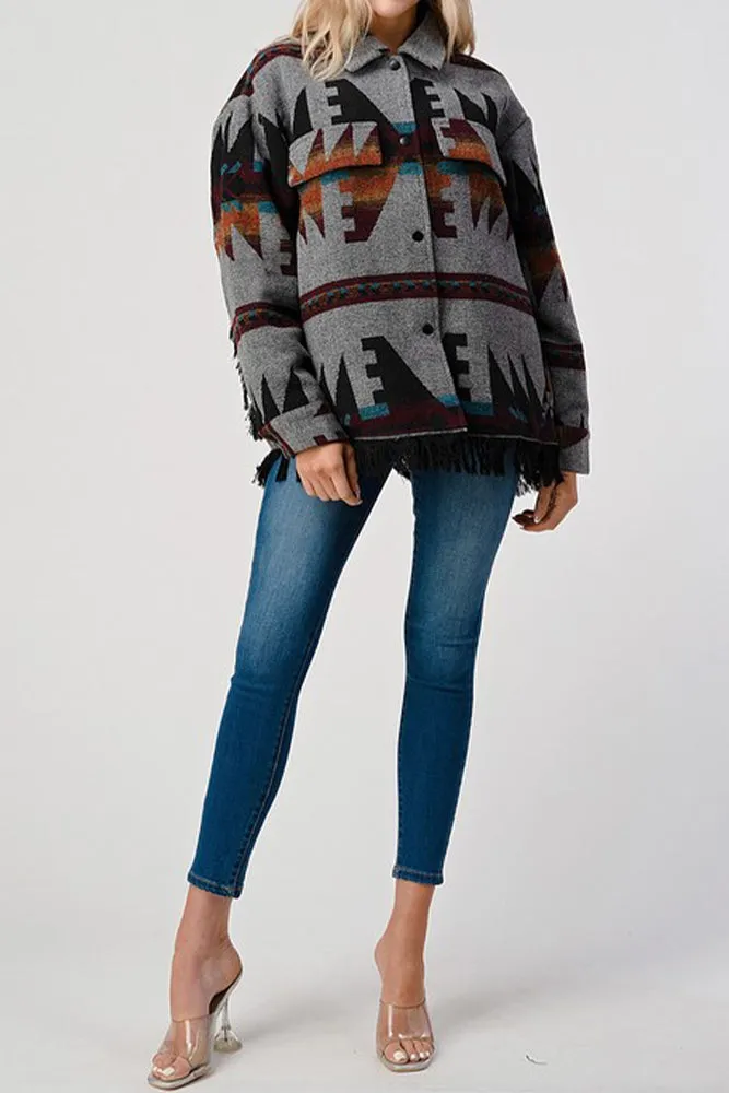 Tassel Hem Aztec Pockets Open Button Shackets
