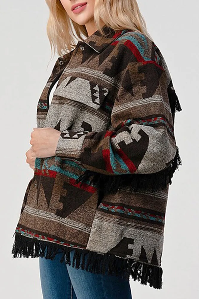 Tassel Hem Aztec Pockets Open Button Shackets