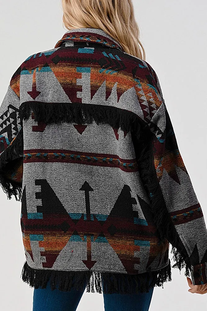 Tassel Hem Aztec Pockets Open Button Shackets