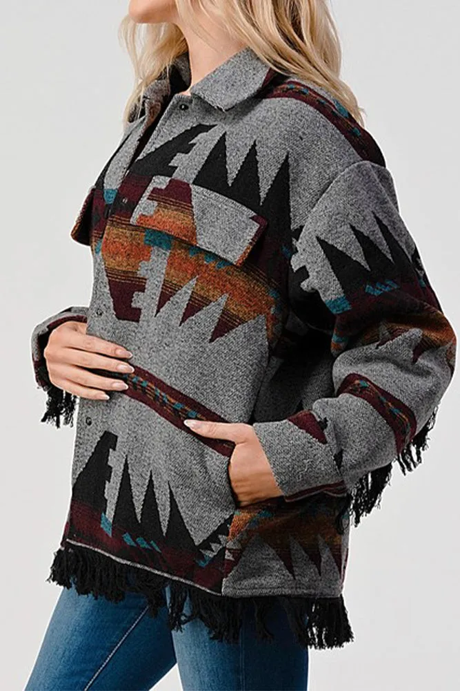 Tassel Hem Aztec Pockets Open Button Shackets