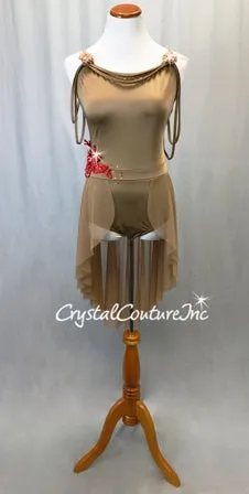 Taupe Lycra and Mesh Dress w/Half Skirt and Red Appliques- Swarovski Rhinestones