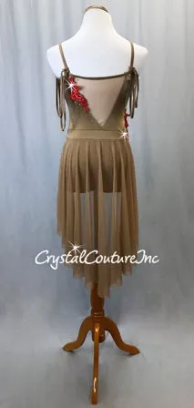Taupe Lycra and Mesh Dress w/Half Skirt and Red Appliques- Swarovski Rhinestones
