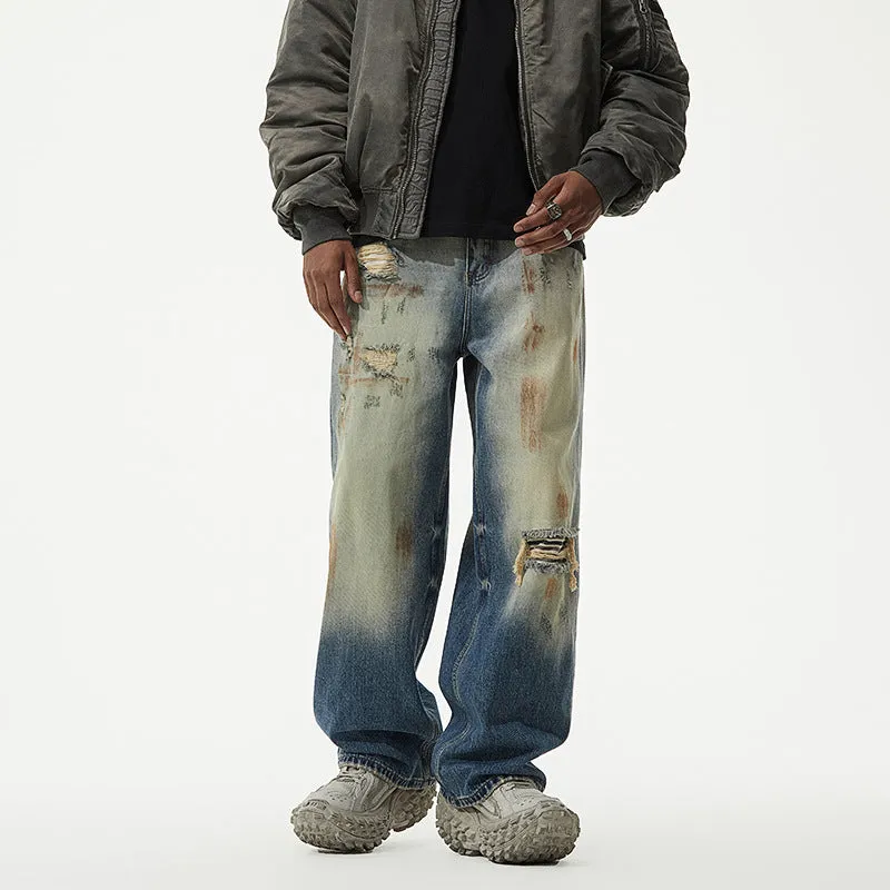 Toleet 90s streetwear Retro Denim Wide Leg Distressed High Street Straight Washed Loose Ripped Patch Jeans Men's American Mop Pants