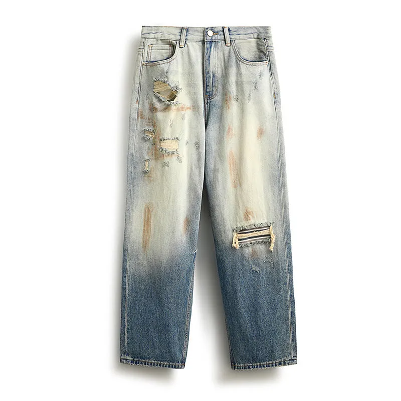 Toleet 90s streetwear Retro Denim Wide Leg Distressed High Street Straight Washed Loose Ripped Patch Jeans Men's American Mop Pants