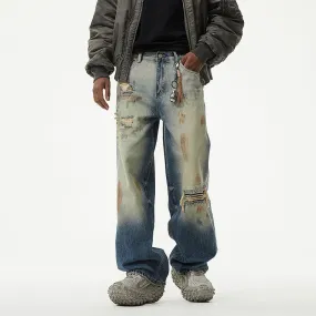 Toleet 90s streetwear Retro Denim Wide Leg Distressed High Street Straight Washed Loose Ripped Patch Jeans Men's American Mop Pants