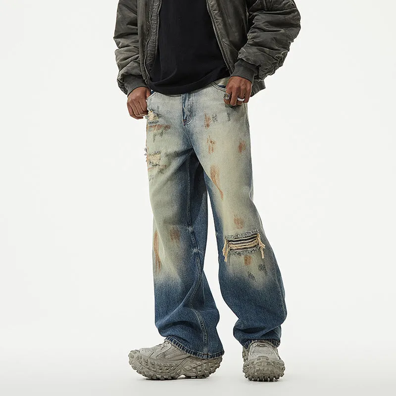 Toleet 90s streetwear Retro Denim Wide Leg Distressed High Street Straight Washed Loose Ripped Patch Jeans Men's American Mop Pants