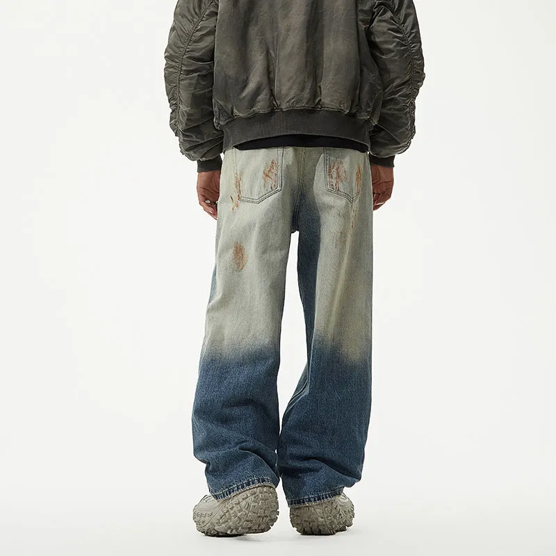 Toleet 90s streetwear Retro Denim Wide Leg Distressed High Street Straight Washed Loose Ripped Patch Jeans Men's American Mop Pants