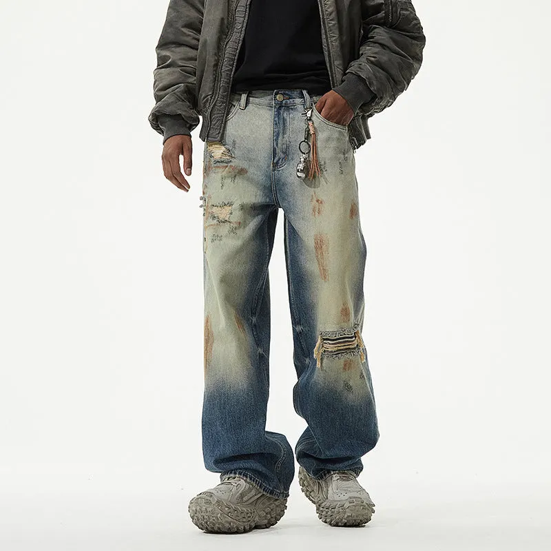 Toleet 90s streetwear Retro Denim Wide Leg Distressed High Street Straight Washed Loose Ripped Patch Jeans Men's American Mop Pants