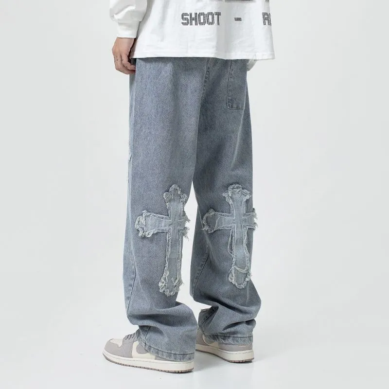 Toleet black men streetwear National Fashion High Street Cross Patch Jeans Men's Hip Hop Pu Shuai Fried Street Straight Loose Wide Leg Trousers