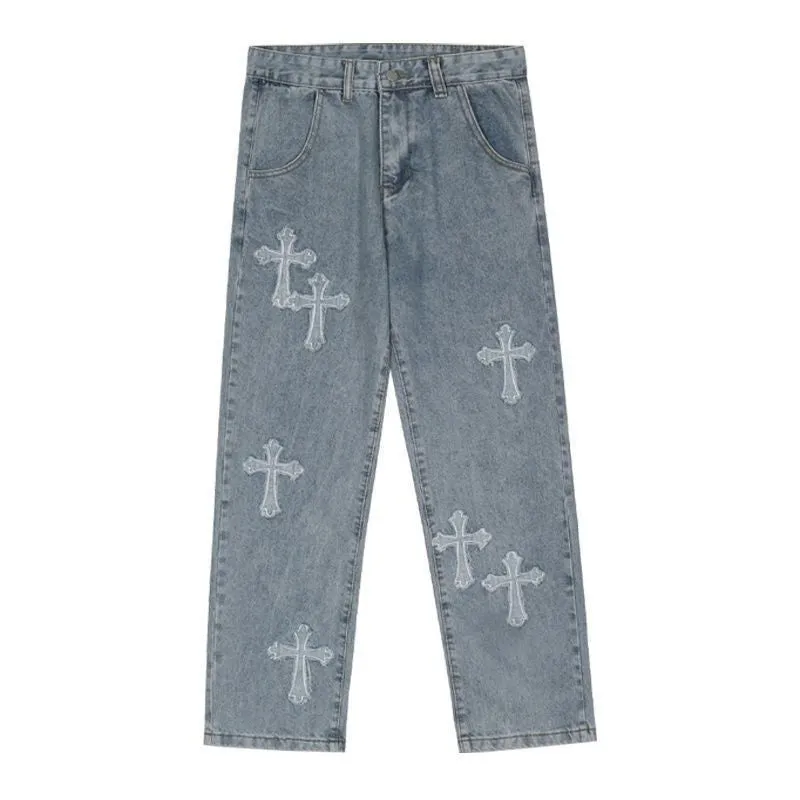 Toleet black men streetwear National Fashion High Street Cross Patch Jeans Men's Hip Hop Pu Shuai Fried Street Straight Loose Wide Leg Trousers